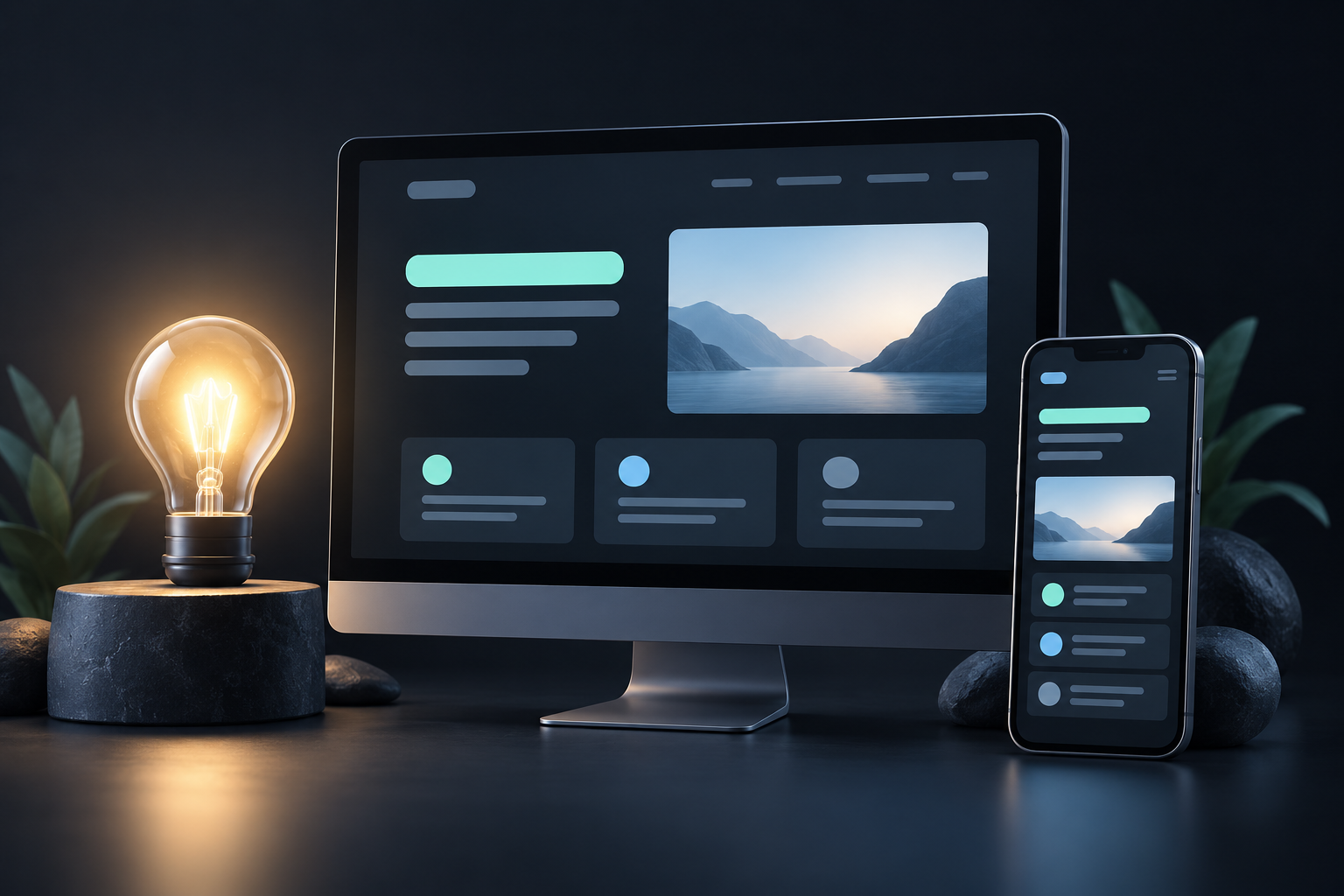 Illustration: Eine Idee wird zu einer Seite für Computer und Smartphone